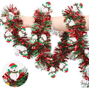50 FT Christmas Tinsel Garland Christmas Decorations with Snowman Ornament, Red Green Shiny Metallic Twist Christmas Garland for Xmas Tree Home Mantle Stairs Indoor Outdoor Holiday Party Decor