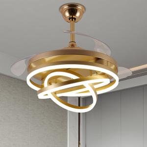 42" Invisible LED Ceiling Fans, Modern Chandelier Ceiling Fan with Remote Silent DC Motor with Memory&Timmi Fuction Retractable Ceiling Fan for Bedroom Dining RoomGold