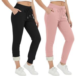 Coume 2 Pcs Women Sherpa Lined Sweatpants Winter Warm Womens Fleece Joggers with Pockets Thermal Athletic Running Pants (Small, Black, Pink)