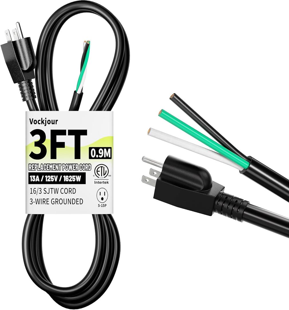 Vockjour 3 ft 16/3 Appliance and Power Tool Cord, 16 AWG 3 Prong Black Heavy Duty Replacement Power Cord with Open End, NEMA 5-15P, 125V AC Pigtail, 13A 1625W, ETL Listed