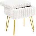 Vanity Stool Chair with Storage, Faux Fur Vanity StoolModern Soft Footrest Footstool Ottoman with Metal Legs, Multifunctional Anti-Slip Feet Fur Stool for Makeup Room, Bedrooml, White