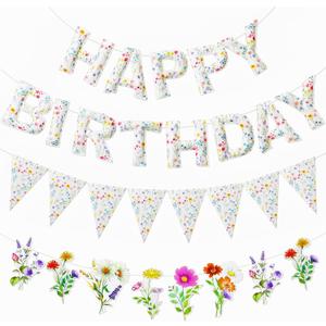 Tegeme 3 Pcs Flower Birthday Banner Felt Happy Birthday Banner Pre-strung 3D Wildflower Party Decorations Floral Party Decorations for Girls Women Garden Decor