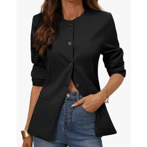 ELLEVEN Women’s Round Neck Slim Fit Blazers, Business Casual Long Sleeve Blazer Work Office Jackets with Padded Shoulder M