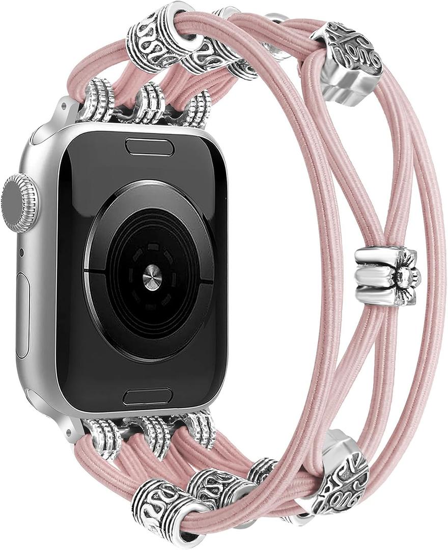 Newlibery Beaded Bracelet Compatible with Apple Watch Band S-38/40/41/42mm(series 10/11) Women Boho Braided Solo Loop Nylon Stretchy Dressy Strap for iWatch Serie11/10/9/8/7/6/5/4 SE 3/2/1 Ultra