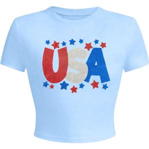 4th of July Shirts Crop Top Women Glitter USA Crop Top American Flag Shirt USA Stars Graphic Tshirt American Patriotic Tops, Large
