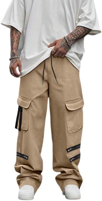 ZAFUL Cargo Pants for Men Casual Joggers Loose Fit Workout Sweatpants Hiking Drawstring Tactical Pants with Multi Pockets (Medium, 0-khaki)
