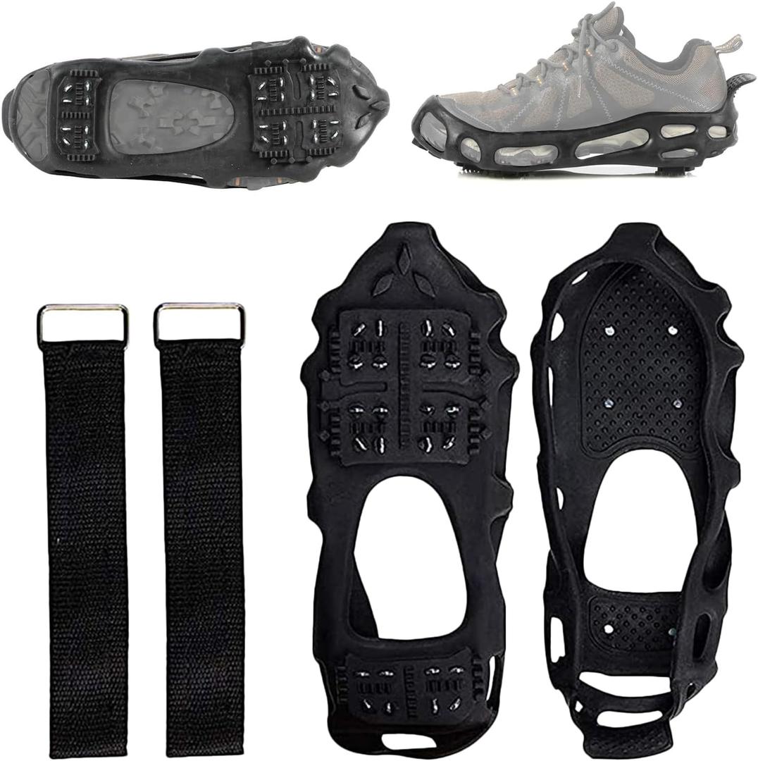 2 Pair Ice Spikes for Boots, Anti-Slip Winter Grip, 24 Teeth Ice Grippers Traction Cleats with Straps, for Mountaineering Walking Fishing Backpacking Men Women Adults Teens, S, L