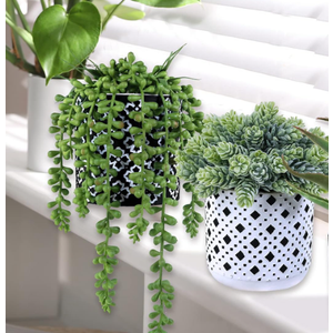 Winlyn 2 Pcs Small Potted Succulents Plants Artificial String of Pearls Aloe Hops Succulents in Black Geometric Concrete Pots for Gifts Modern Home Bathroom Window Table Indoor Outdoor Greenery Décor