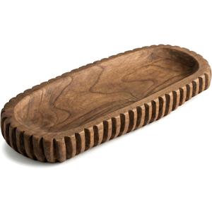 Handmade Wooden Serving Tray, Oval Shape, Natural Brown, Ridged Edge Design, Decorative Tray, Vanity, Shelf Organizer