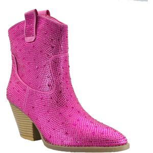 ABSOLEX Women Western Cowgirl Cowboy Pointed Toe Rhinestone Ankle Booties (7, Fuchsia)