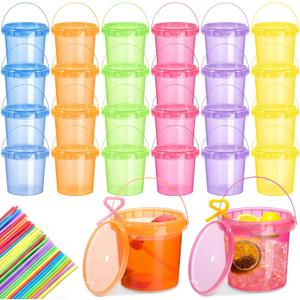 Funnymoom 24 Pack Plastic Rum Buckets for Drinks with Straws Ice Cream Cocktail Bucket with Lids and Handles Reusable Food Containers Cup (25 oz,Orange,Pink,Green,Purple,Blue,Yellow)
