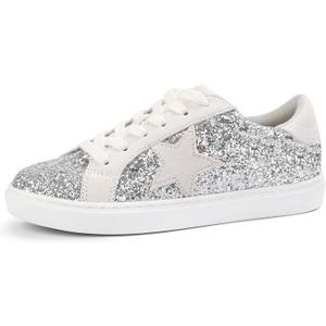 PARTY Women's Fashion Star Sneaker Lace Up Low Top Comfortable Cushioned Walking Shoes (7.5, Silver Glitter Suede)
