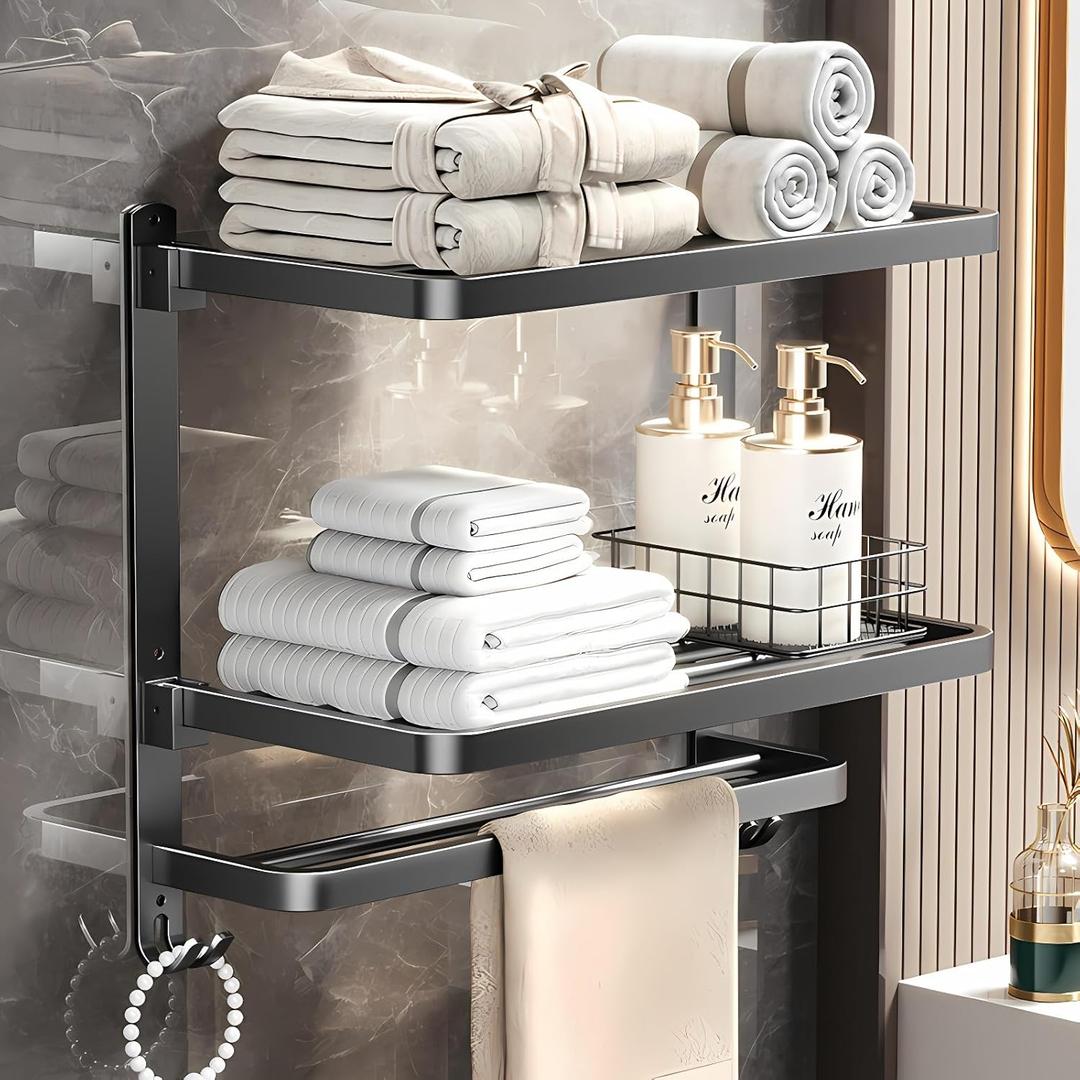 Towel Racks for Bathroom,Soupiar 3 Tier Foldable Bathroom Towel Rack Wall Mounted,16Inch Stainless Steel Shelf Towel Bar,Lavatory Holder with Hooks ShelvesBlack