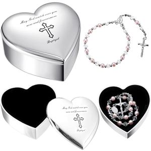 Quelay 2 Pcs Heart Jewelry Keepsake Box and Pink Baby Rosary Baptism Gift, Silver Toned Jewelry Box with Engraved Cross Baby Baptism Gift for Girls Baptism, First Communion, Christening