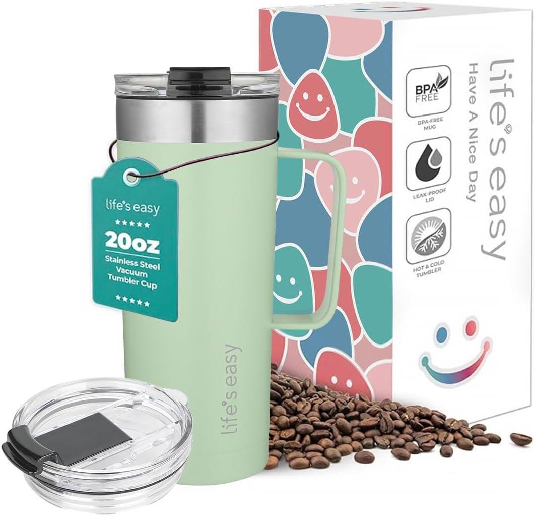 Life's Easy 20oz Stainless Steel Mug w/Handle - Double Wall Insulated Travel Tumbler w/Flip Lid - Leak Proof Tumbler-Thermal Cup for Coffee, Tea & More - Keep Hot & Cold Drinks (Mint Green, 20 oz)