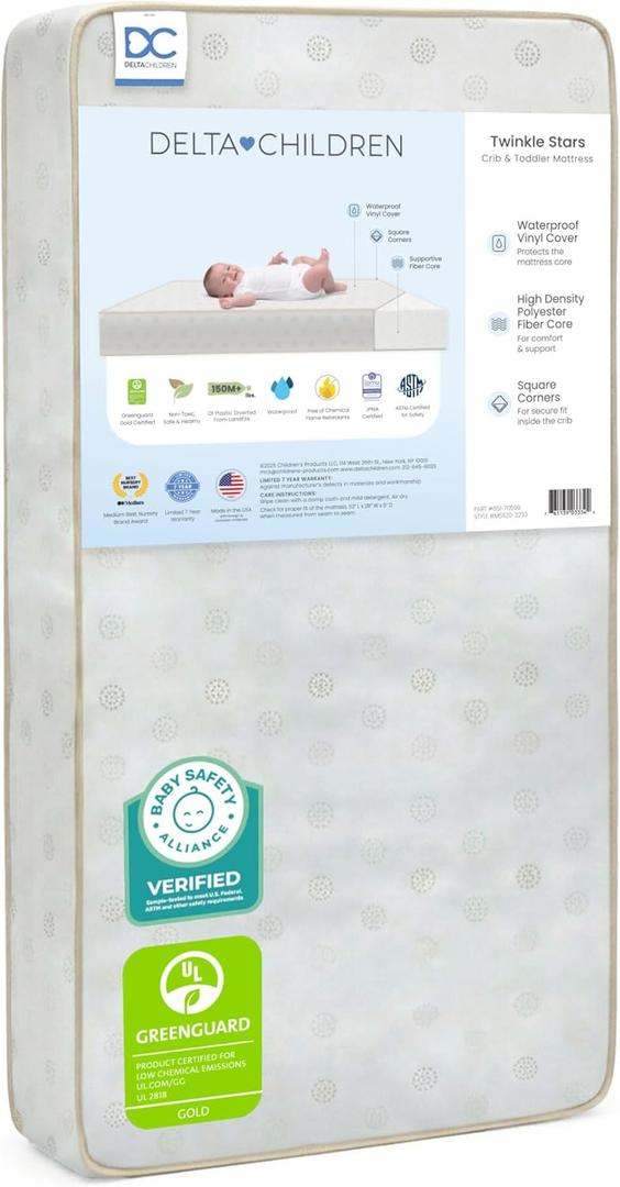 Delta Children Twinkle Stars Dual Sided - 6" Premium Sustainably Sourced Fiber Core Crib and Toddler Mattress - Waterproof - GREENGUARD Gold Certified Made in USA, 52"L x 27.5"W x 6"Th