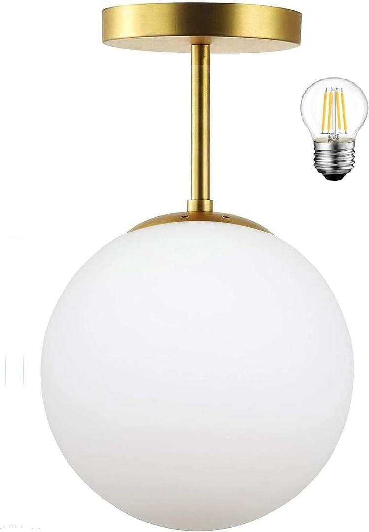 Mid Century Modern Globe Semi Flush Mount Ceiling Light Fixture Frosted Glass with Gold Brass Finish,1-Light Sphere Glass Pendant Lights for Aisle Porch Stairway Closet Kitchen Laundry Room(Bulb Incl) (6 inch)