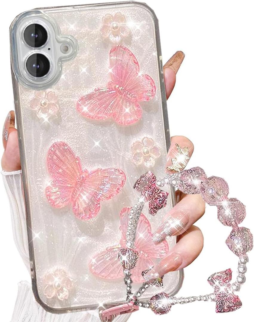 Changjia for iPhone 16 Plus Glitter Butterfly Case,Cute 3D Flower Floral Crystal Pearl Bling Sparkle with Wrist Strap Chain Soft TPU Aesthetic Women Girls Protective Case for iPhone 16 Plus 6.7", Pink