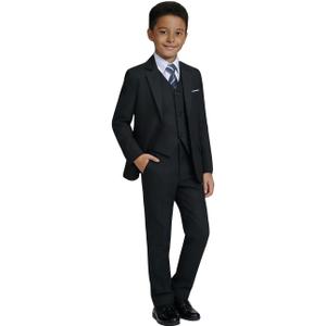 Visaccy Boys Formal Suit Slim Fit Dress Clothes Ring Bearer Outfit Tuxedo Suits,Adjustable Waist, 12 Years, Black Suit Blue Plaid Tie