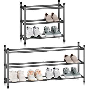 STORAGE MANIAC Expandable Shoe Rack, 12 Pairs Stackable Small Shoe Rack, Metal Adjustable Shoes Organizer for Closet, Entryway, Hallway, Garage, Front Door, Shoes Shelves, Black 3 Tier