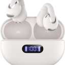 Open Ear Clip Wireless Earbuds Bluetooth 5.4, Lightweight Comfort Sports Bone Conduction Headphones Built-in Mic for Clear Audio, Stable Fit Earphones 24H Play-Beige