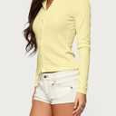 Women Open Button Down Picot Crew Neck Long Sleeve Cropped T Shirts Slim Fit Pointelle Crop Tops Fall Tees Outfits Yellow (Yellow, M)