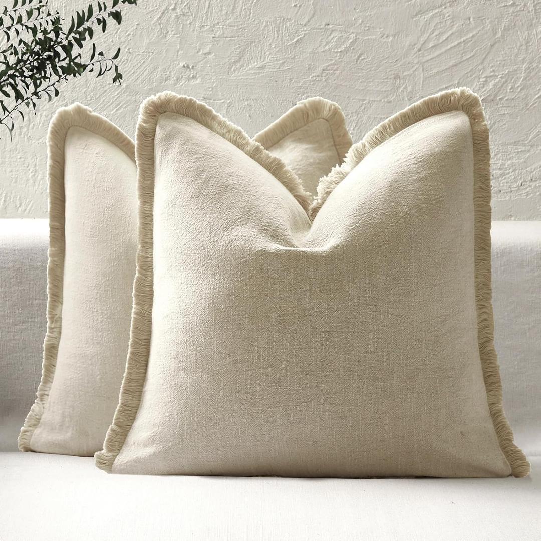 ROMANDECO Boho Decorative Throw Pillow Covers with Fringe for Couch, Living Room, Bed Set of 2, 18x18 Inches, Light Khaki