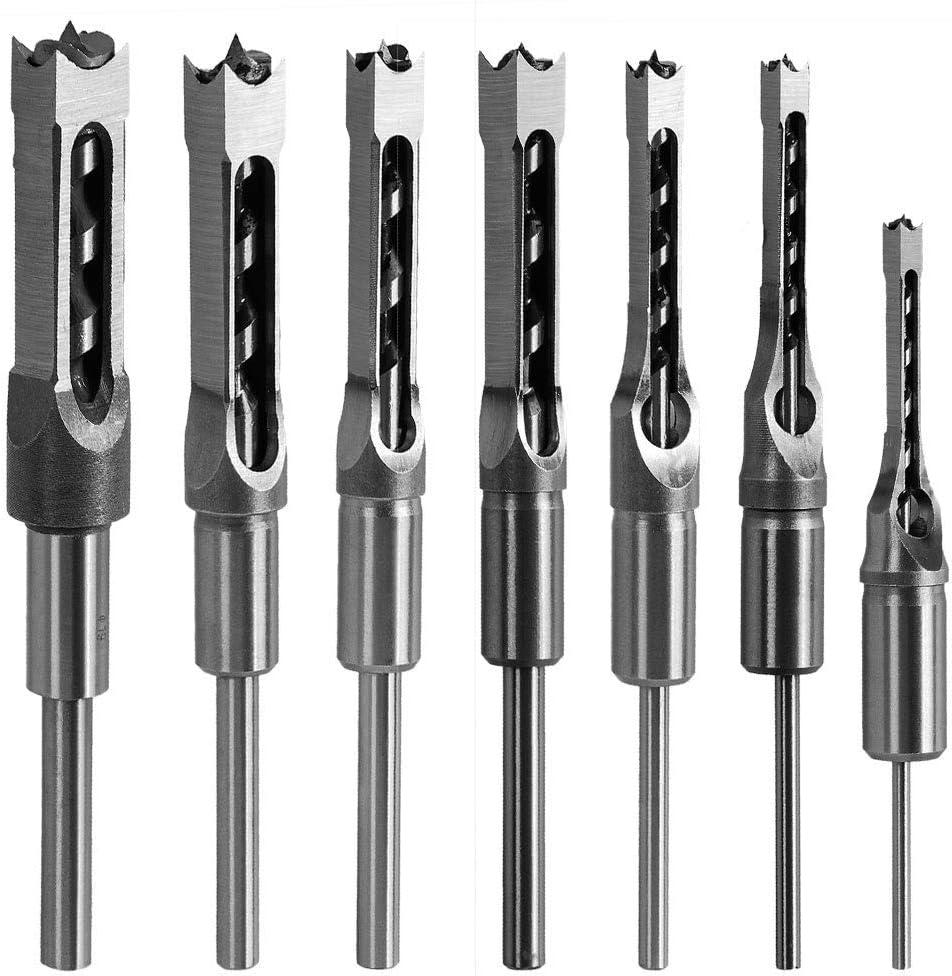 Square Hole Drill Bit, Steel Hardness Sharp Mortising Chisel Set 1/2-Inch, 1/4-Inch, 3/4inch, 3/8-Inch, 5/8-Inch, 5/16-Inch, 9/16-Inch Woodworking Mortiser Drill Bit-7pcs