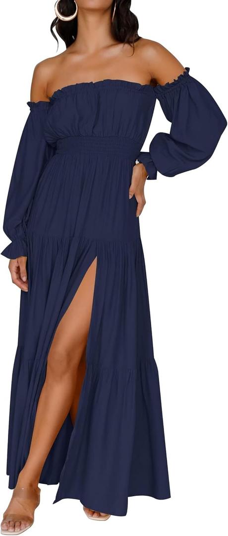 ZESICA Women's Boho Off Shoulder Wedding Guest Dress 2026 Spring Summer Side Split Flowy A Line Long Maxi Dresses Small