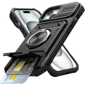 Vofolen for iPhone 15 Plus Wallet Case with Card Holder [Store 2 Cards] + 360 Magnetic Rotated Ring Kickstand Heavy Duty Protective Shockproof Wallet Phone Case for iPhone 15 Plus 6.7 Inch Black