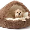 NOYAL Round Hooded Donut Dog Bed for Small & Medium Pets - Plush Fluffy Anti-Anxiety Cat Cave Bed with Cover (Small 19.6'', Brown)