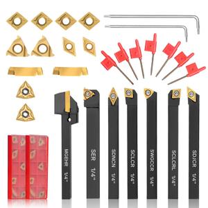 Indexable Lathe Turning Tool 21Pcs Kit 1/4'' 6mm Shank 7Pcs Metal Lathe Tools Holder Set with 14Pcs Turning Inserts for Turning Grooving Threading Boring Carbide Inserts Carbide Turning Tool 