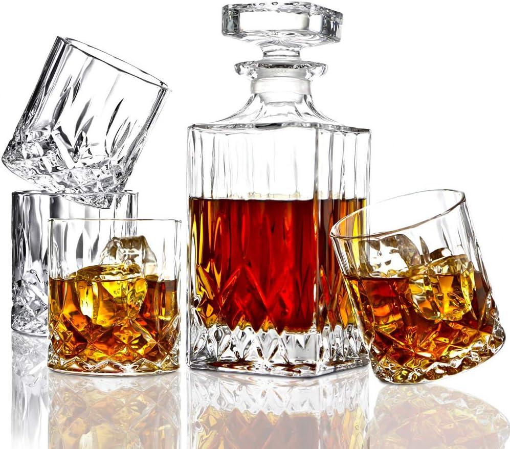 ELIDOMC 5PC Italian Crafted Crystal Whiskey Decanter & Whiskey Glasses Set, Crystal Decanter Set With 4 Whiskey Glasses, Whiskey Decanter Sets for Men.