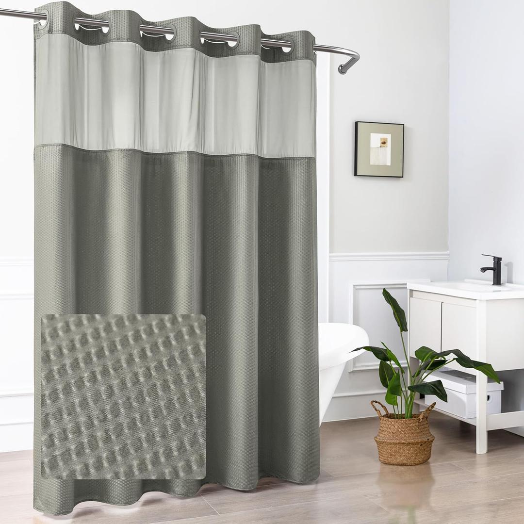 Mrs Awesome No Hook Shower Curtain with Snap-in LinerLess Time On/Off, Embossed Waffle-Look Textured Fabric Shower Curtain for Bathroom, Soft & Lightweight, 71x74, Gray (Grey)