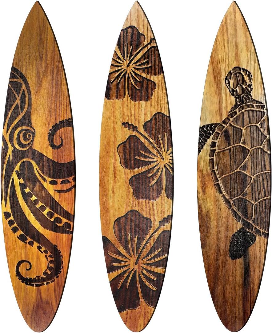 Yousoontic 3 Pcs Carved Surfboard Wall Decor 23.6" x 5.2" Large Wooden Beach Turtles Hibiscus Octopus Surfboard Summer Hawaiian Tropical Surf Boards Decor for Wall Room Bedroom Party Beach Art
