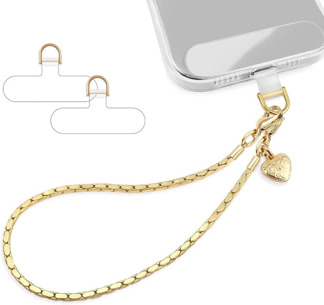 Phone Charm Strap Metal Chain Wristlet for iPhone case Hands-Free Phone Wrist Strap with 2 Tether Tabs Anti Theft strap for Women & Girls Travelling & Parties(Shimmering Gold)