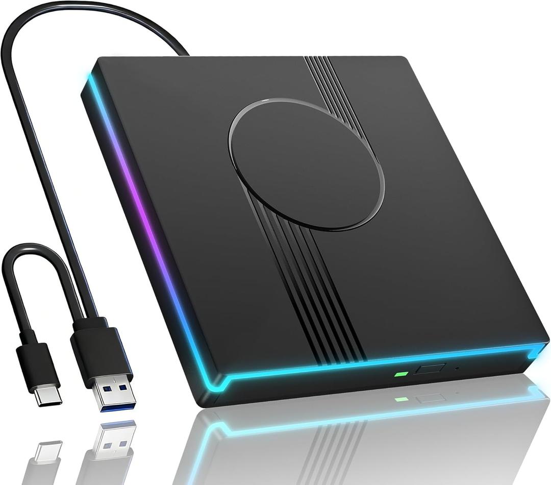 Wbacon RGB External CD/DVD Drive for Laptop, External CD Drive USB 3.0 Type-C Portable DVD Player, CD Burner +/-RW Optical Drive, Slim CD ROM External Drive for Laptop Desktop PC Windows Mac (Black)