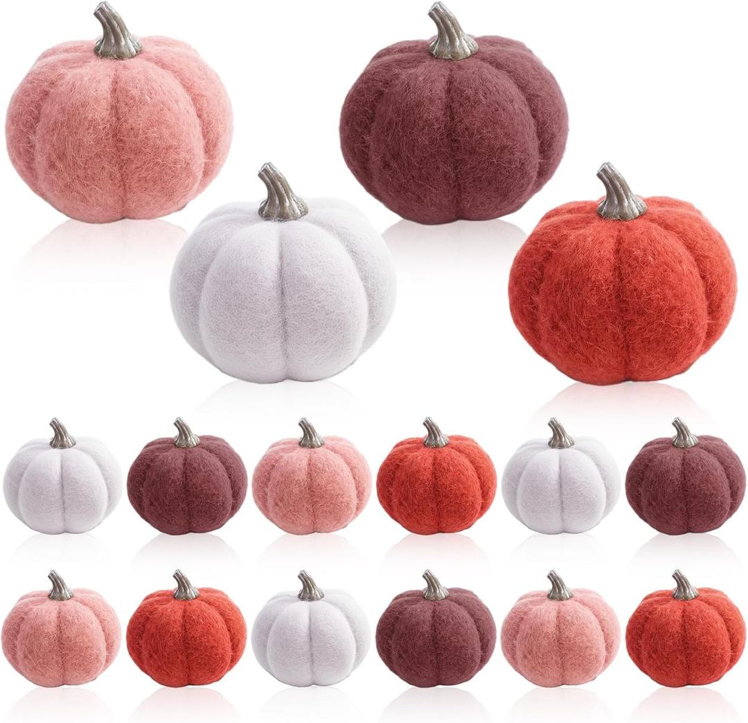 16 Pcs Thanksgiving Mini Pumpkins Artificial Felt Wool Fake Faux Small Pumpkins Decorations Table Centerpiece for Fall Autumn Farmhouse Wedding Party Decor(Pink Color)