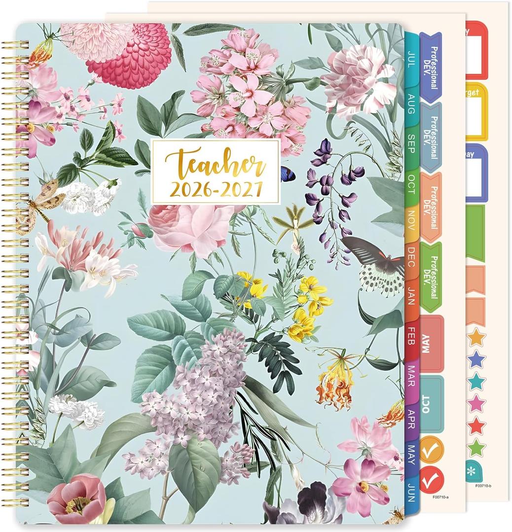 Teacher Planner 2026-2027 - Teacher Lesson Planner 2026-2027 with Colorful Tabs, July 2026 - June 2027, 26-27 Teacher Planners Weekly and Monthly, 8.3" x 11", Academic Year Lesson Plan Book, Twin-Wire Binding - Floral (updated version)