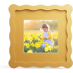 6x6 Picture Frame with Mat for 4x4, Wavy Edge Wooden Real Glass Photo Frame for Tabletop and Wall Hanging, Yellow, 1 Pack
