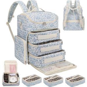 Extra Large Nail Polish Organizer Backpack, Holds 124+ Bottles & Full Size Lamp, Travel Nail Organizers and Storage Bag with 3 Removable Pouches, Portable Nail Supplies Case (Floral Blue, 124 Slots)