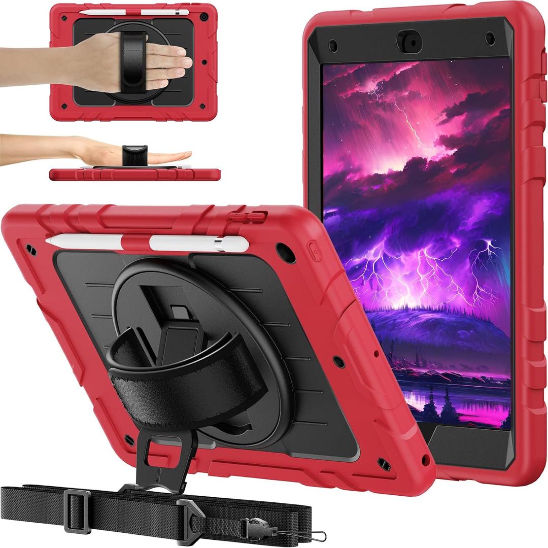 BJF for iPad 9th/8th/7th Generation Case 10.2 Inch, Heavy Duty Rugged Shockproof Tablet Case with 360 Rotating Stand, Hand Strap & Shoulder Strap, Pencil Holder, for Kids & Travel (Black+Red)