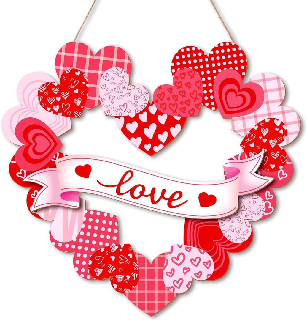 Happy Valentine's Day Door Sign Pink Valentines Wreath Sign Wooden Heart Shaped Hanging Sign with Love Patterns for Wedding Anniversary Room Window Wall Door Decor (Pink Wreath)