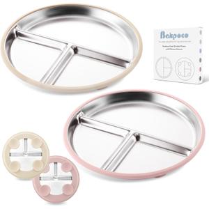 Bakpoco Stainless Steel Baby Plate with Suction, 9 Divided Toddler Plates with Removable Silicone Sleeves for Kids, Non-Toxic Non-Slip Unbreakable Dishwasher Safe Dinnerware Set of 2, Pink & Beige