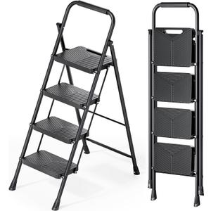 KINGRACK Folding 4 Step Ladder, Portable Ladder for Multi-Purpose, Home, Kitchen, Heavy Sturdy Steel Step Stool with Anti-Slip Wide Pedals, Handrail, Safe-Lock Design, Pass 500lbs Load Testing, Black