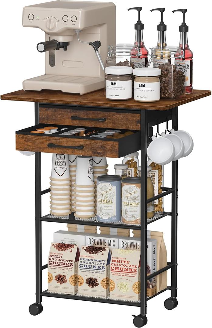 Snughome 5 Tier Rolling Coffee Cart with 2 Large Drawers & Removable Dividers, Extra-Wide Coffee Bar Cart with Storage, Farmhouse Coffee Station Cabinet for Living Room, Kitchen, Office