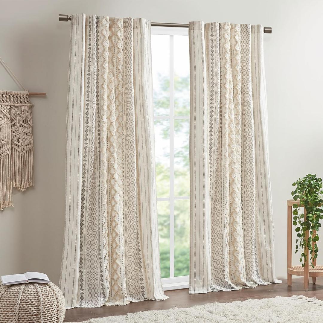 INK+IVY Imani 100% Cotton SINGLE PANEL Curtain Tufted Chenille Stripe Geometric Print Mid-Century Look Rod Pocket Top Drape for Living Room, Privacy Window Treatment for Bedroom, 50" x 84", Ivory (50"W x 84"L (Pack of 1))