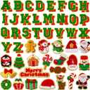72 Pcs Red and Green Christmas Patches Embroidered Winter Christmas Letter Patches Self Adhesive,Include 52 A-Z Letters Patch,20 Winter Snowman Wreath Penguin Stick on Letter Stickers for Backpacks