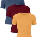 LessonZoo 3 Pack Girls Short Sleeve Shirts Ribbed Knit Crew Neck Lace Trim Tops Slim Fit Casual Summer T-Shirts Tees for Kids(Haze Blue, Orange Yellow, Wine Red,11-12 Years)