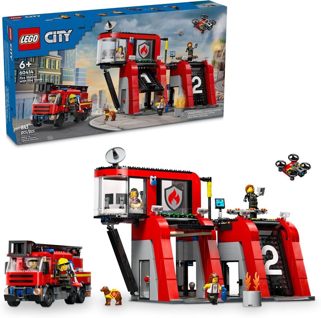 LEGO City Fire Station with Fire Truck Toy - Kids Toy Building Sets with 2 Fire Truck Attachments - Gifts for Boys & Girls Ages 6+ - Pretend Play Set with 5 Minifigures - 60414